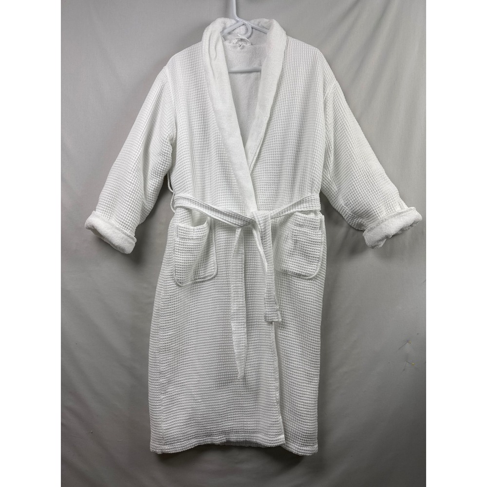 Pottery Barn Waffle Resort Robe Adult Medium White Cotton Terry Lined Shawl Neck